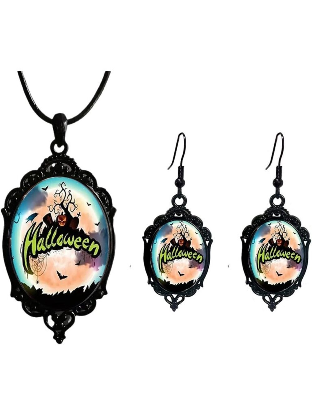 Vintage Gothic Raven Bat Witch Jewelry Set Cameo Necklace Earrings- E1:Halloween
